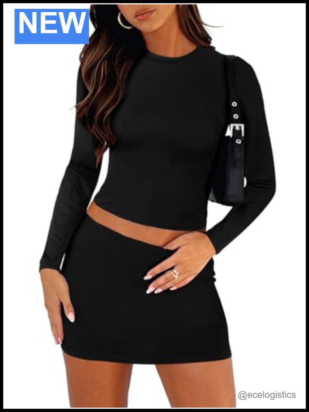 Two Piece Skirt Set Long Sleeve Crop Top High Waisted Mini Pencil Skort